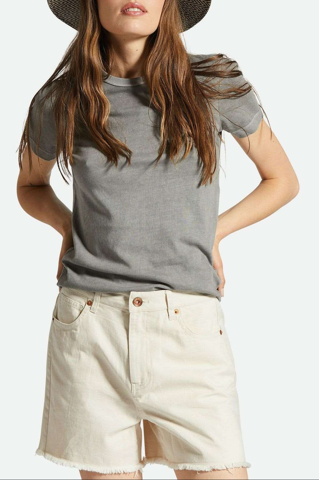 Brixton Women's Carefree Organic Garment Dye Slim Crew T-Shirt - Washed Black | Front fit