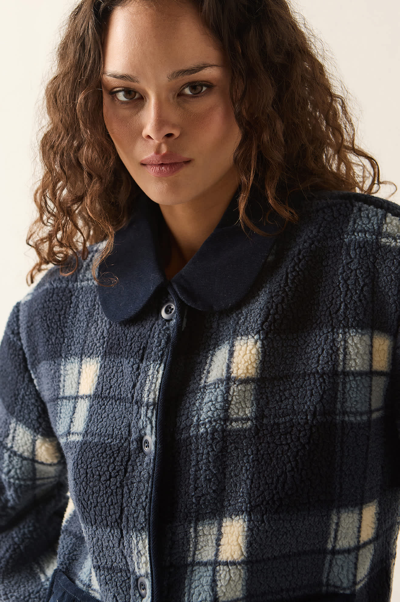 Women's Delilah Sherpa Jacket in the color Classic Navy Plaid - Additional Fit image