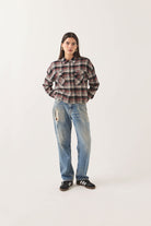 Women's Bowery Crop Women's Overshirt in the color Washed Black Plaid - Women's Front Fit Image