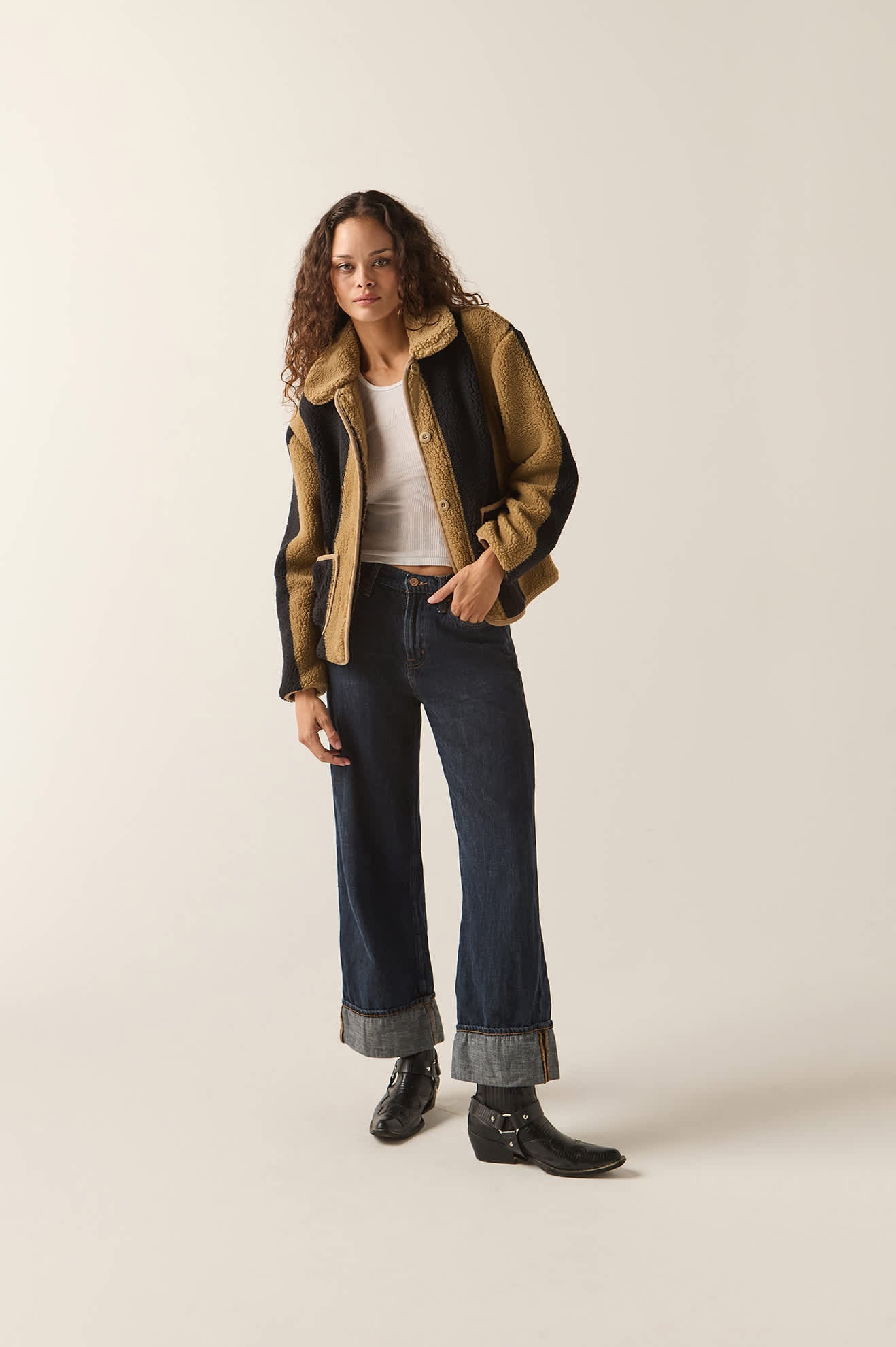 Women's Delilah Sherpa Jacket in the color Khaki/Black Stripe - Women's Front Fit Image