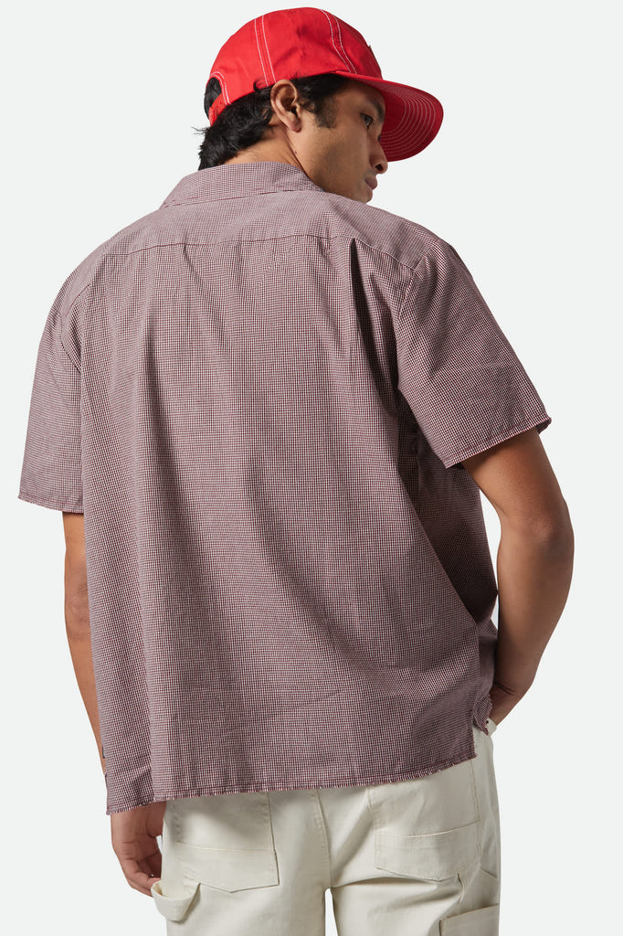 Men's CRU Micro Plaid Relaxed S/S Shirt in the color Cordovan Red Micro Plaid - Men's Back View