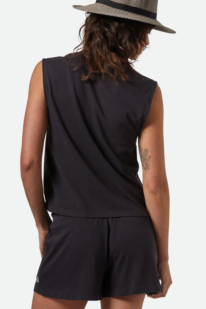 Women's Carefree Organic Garment Dye Muscle Tank in the color Black - Women's Back View