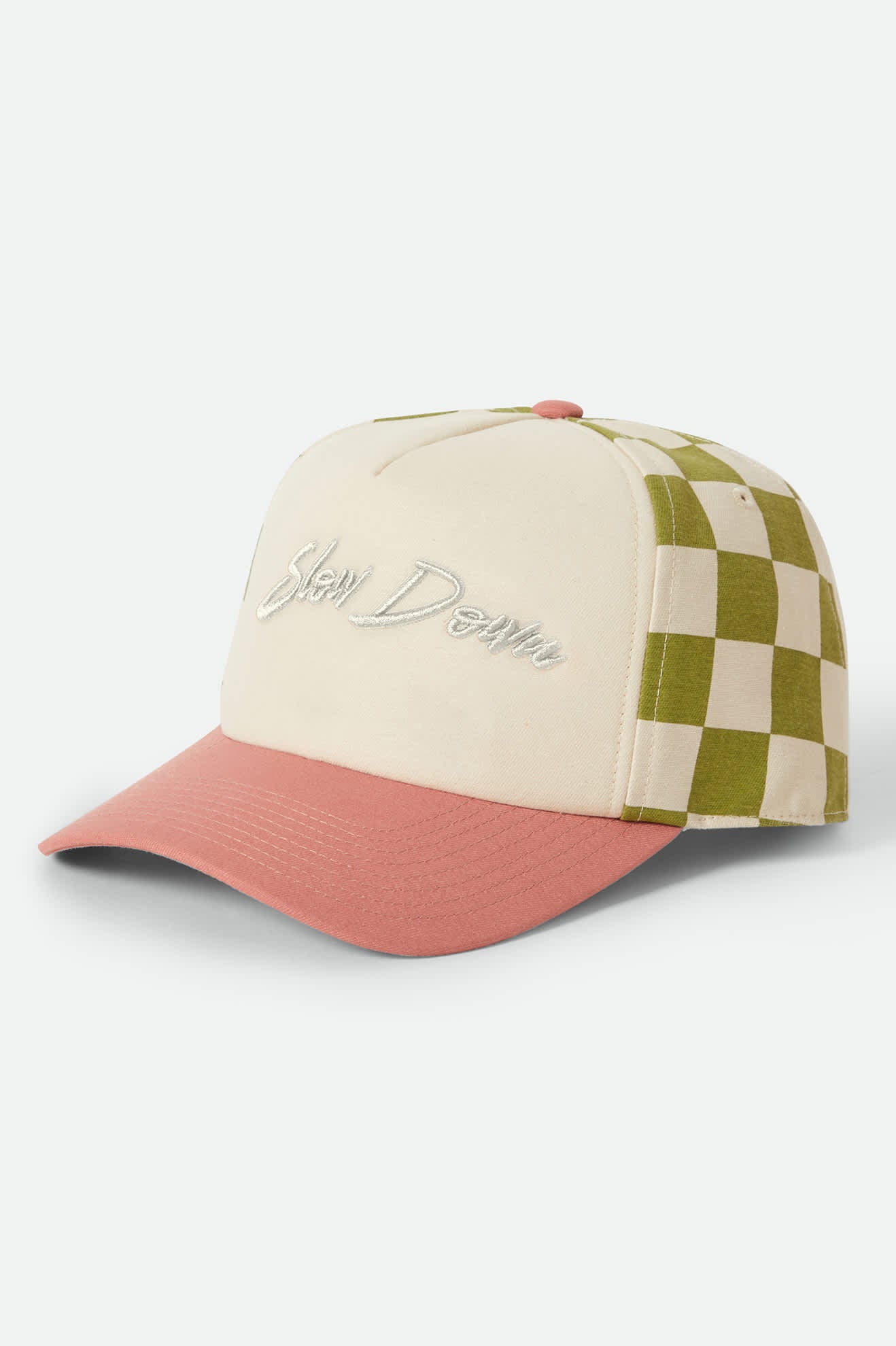 Women's Slow Down Snapback in the color Sublime Green Gingham/Whitecap/Italian Clay - Front Product Laydown Image