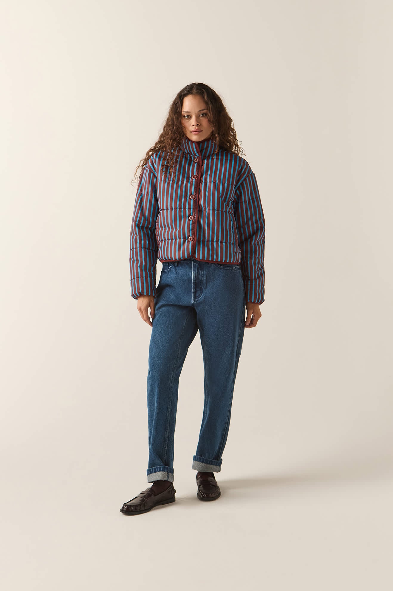 Women's Delilah Mock Neck Jacket in the color Dark Brick/Electric Indigo Stripe - Women's Front Fit Image
