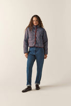 Women's Delilah Mock Neck Jacket in the color Dark Brick/Electric Indigo Stripe - Women's Front Fit Image
