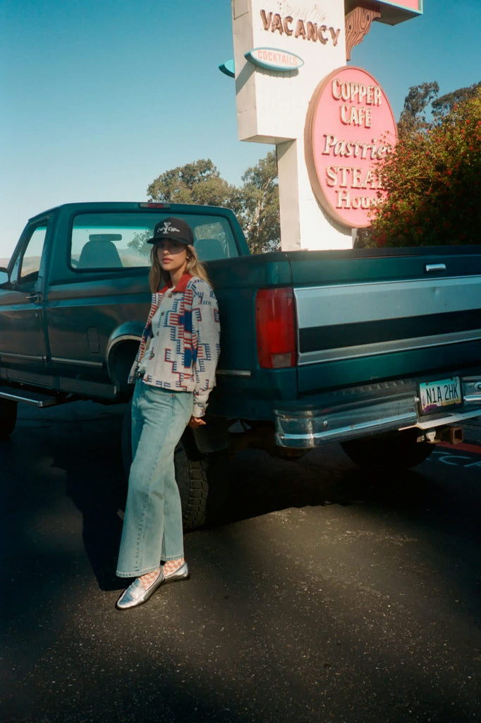 Women's Trail Terry Cloth Trucker Jacket in the color Electronic Indigo Pattern - Additional Fit image