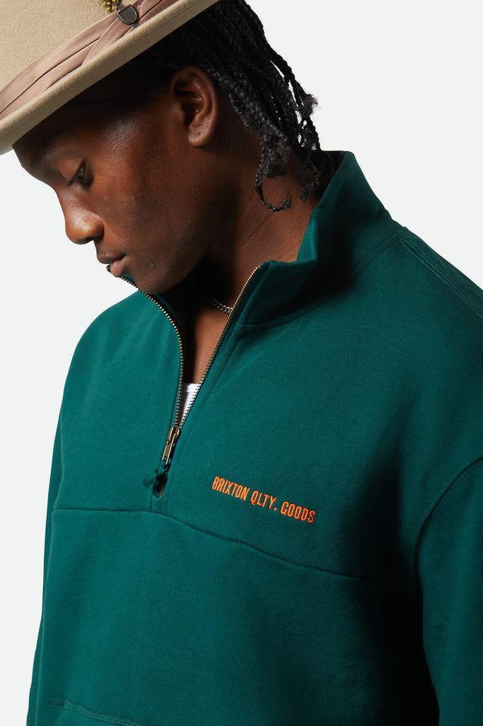 Men's Embroidered Heavyweight Oversized Half Zip in the color Deep Emerald - Additional Fit View