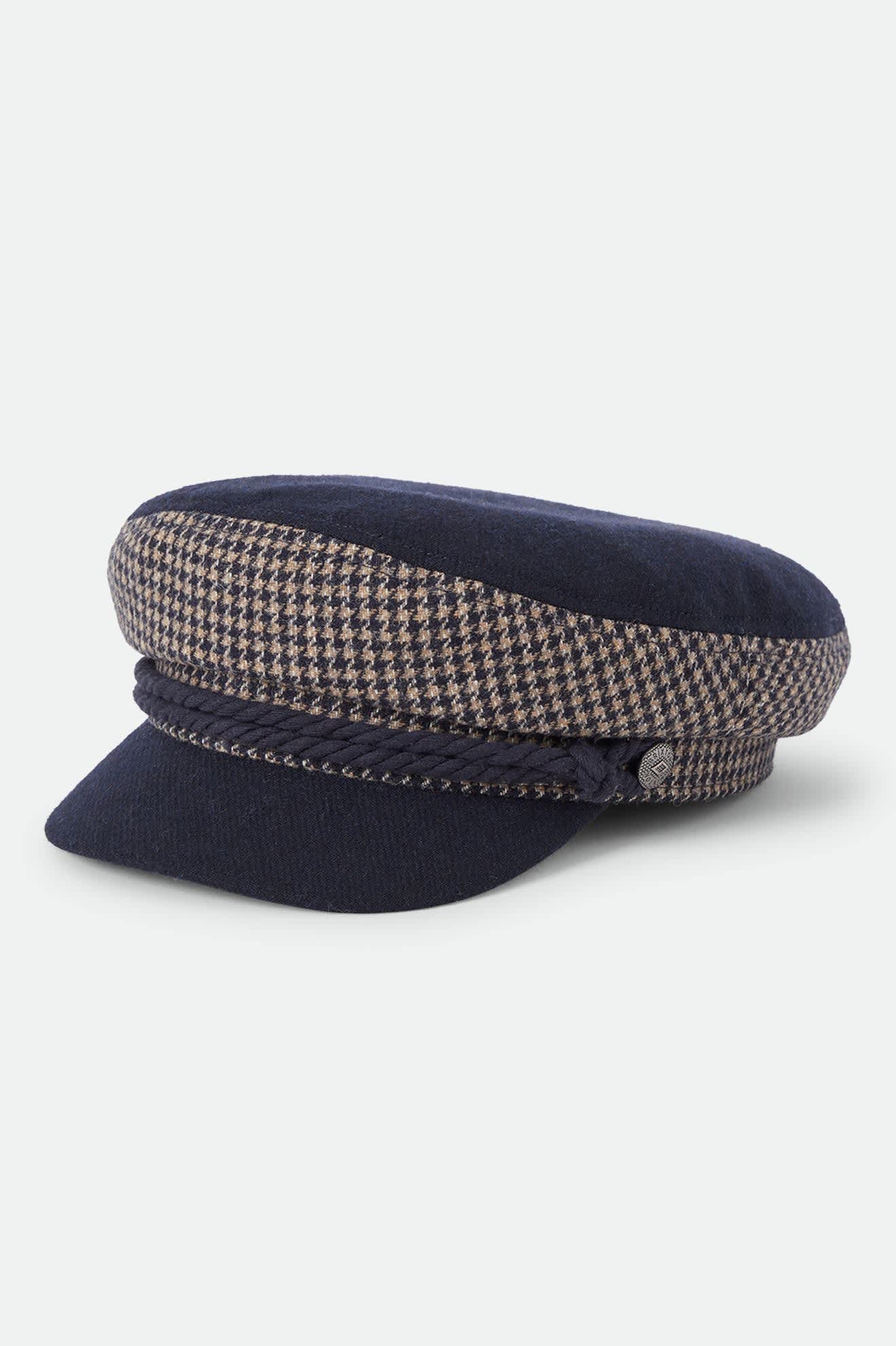 Unisex Fiddler Fisherman Cap in the color Navy/Sand Houndstooth - Front Product Laydown Image