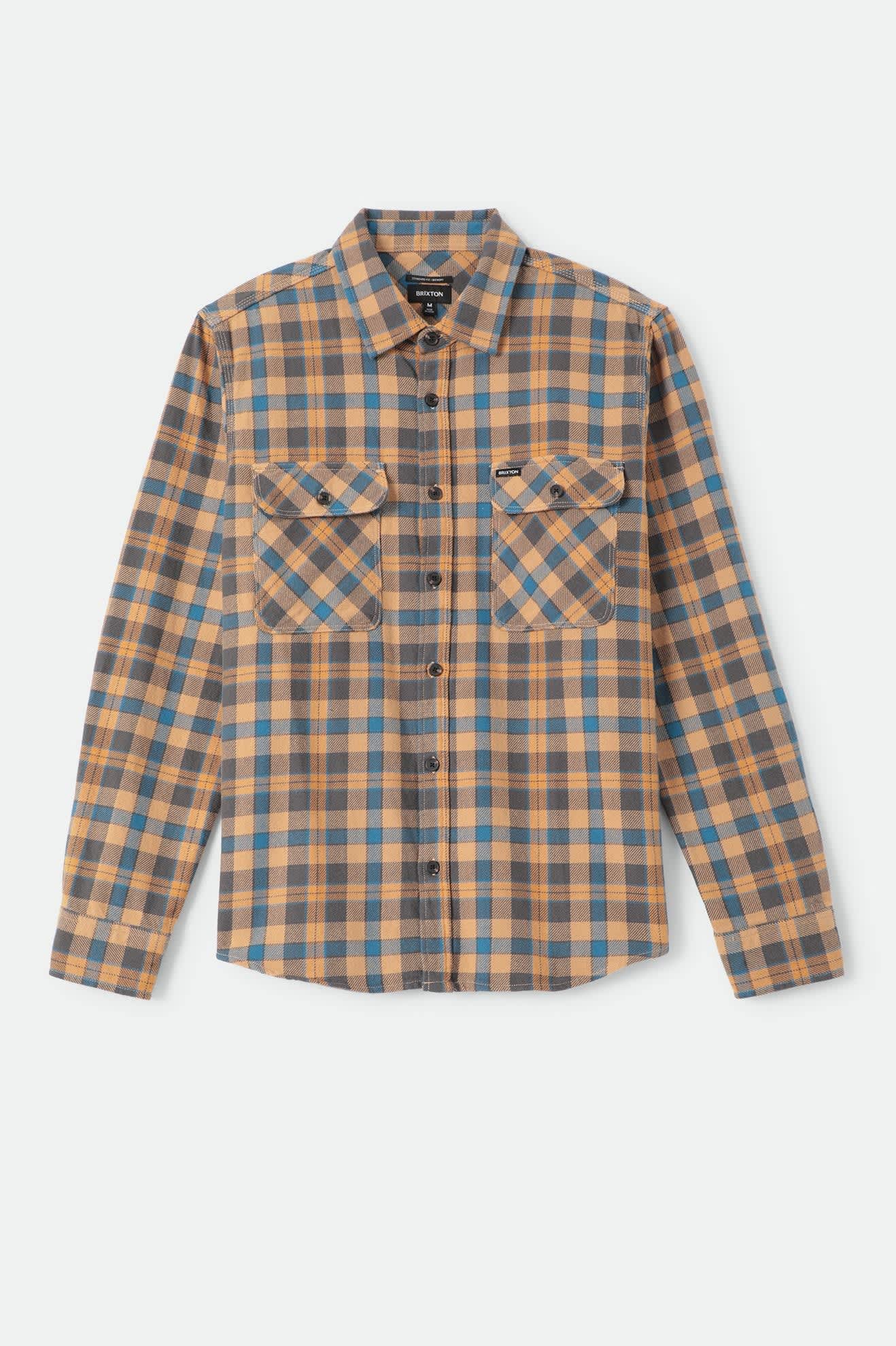 Men's Bowery Flannel in the color Khaki/Blue - Front Product Laydown Image