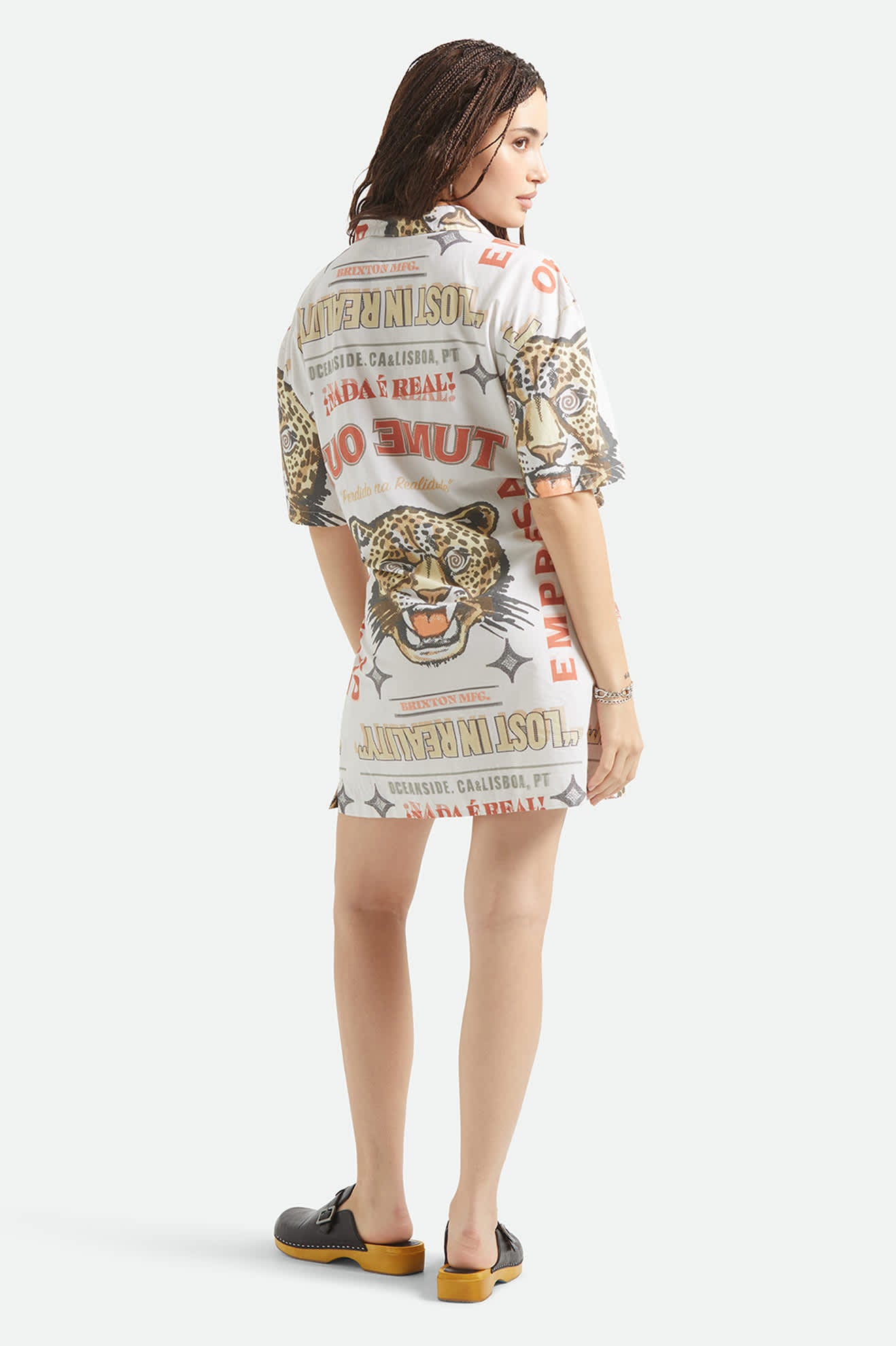 Women's The Cinch Button Down Short Sleeve Dress in the color Lost In Reality Print - Women's Back View