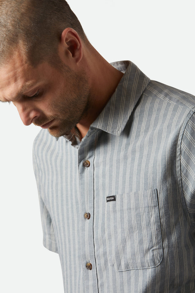 Men's CRU Oxford Stripe S/S Shirt in the color Basalt Blue/Whitcap Stripe - Additional Fit View