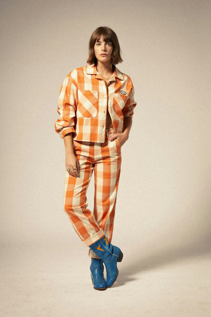 Women's Bedford Pant in the color Tangerine Gingham - Additional Fit View