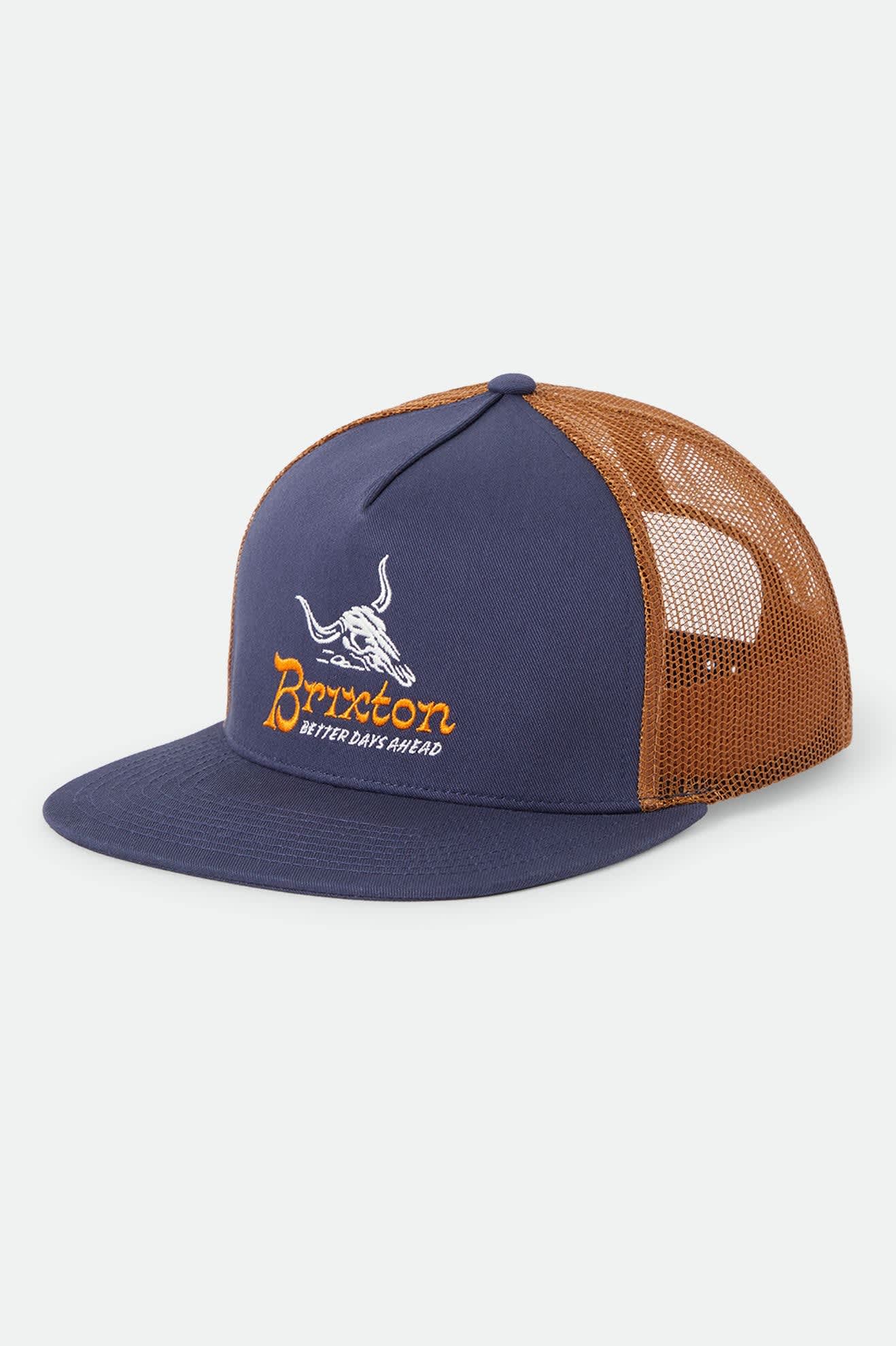 Unisex Barren Netplus Trucker Hat in the color Navy/Brown Sugar - Front Product View