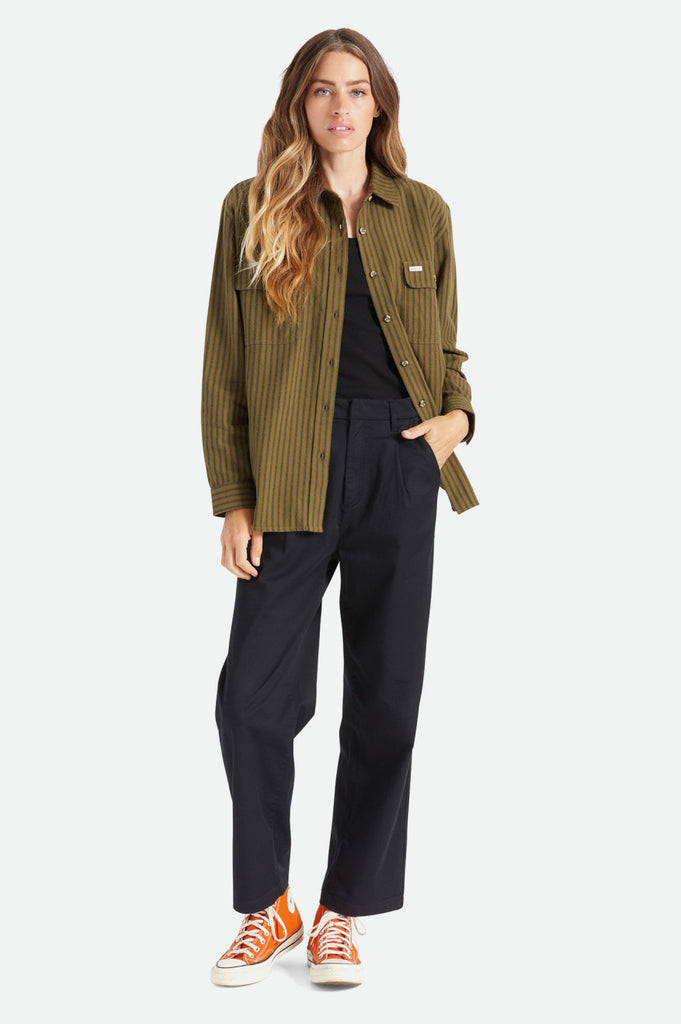 Brixton Bowery Boyfriend L/S Flannel - Military Olive Stripe