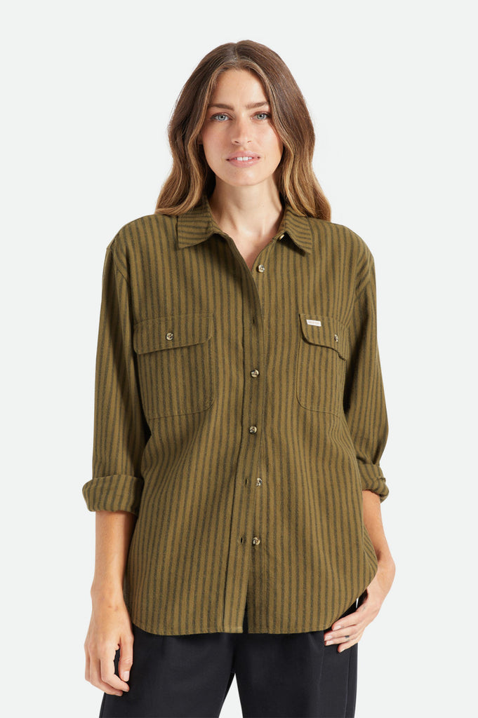 Brixton Bowery Boyfriend L/S Flannel - Military Olive Stripe