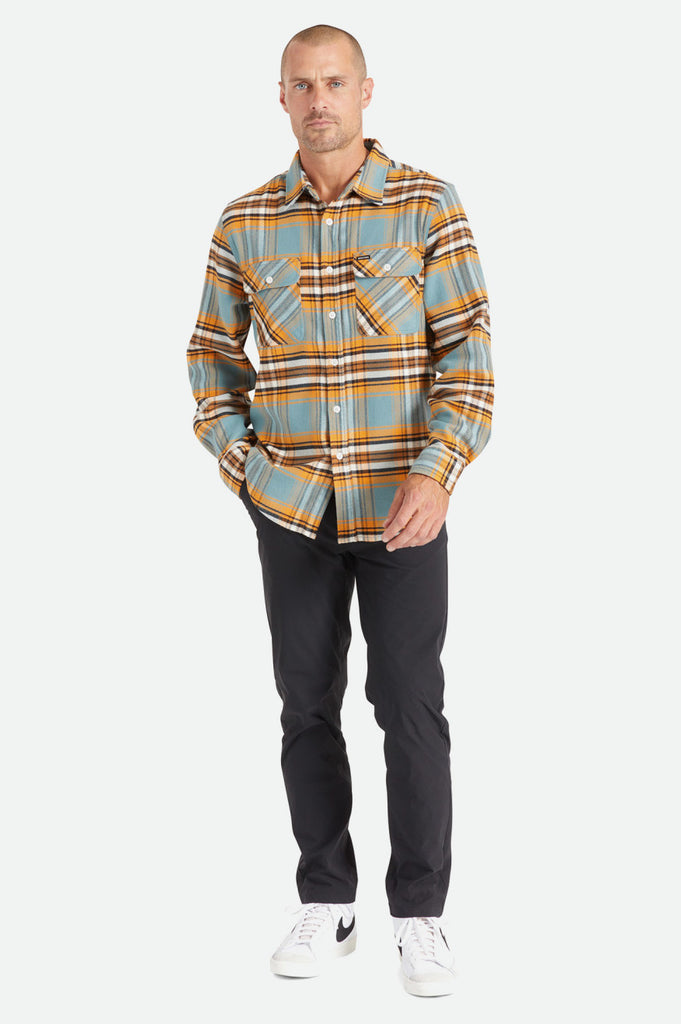 Brixton Bowery Stretch L/S Utility Flannel - Burnt Orange/Deep Lake/Off White