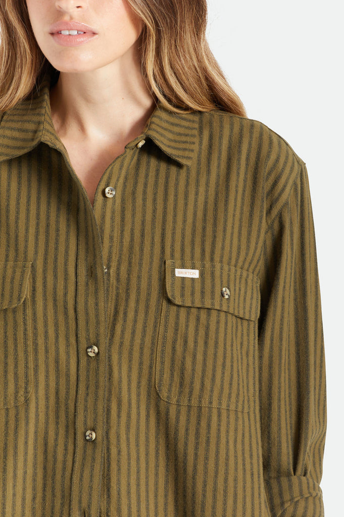 Brixton Bowery Boyfriend L/S Flannel - Military Olive Stripe