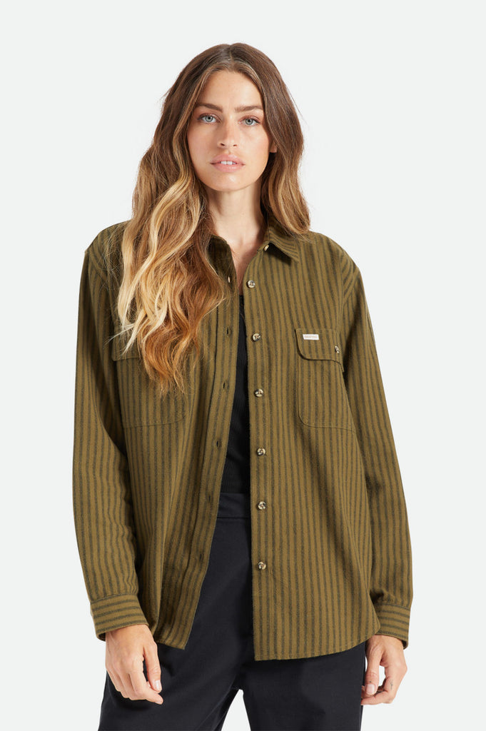 Brixton Bowery Boyfriend L/S Flannel - Military Olive Stripe