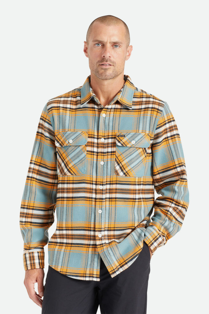 Brixton Bowery Stretch L/S Utility Flannel - Burnt Orange/Deep Lake/Off White